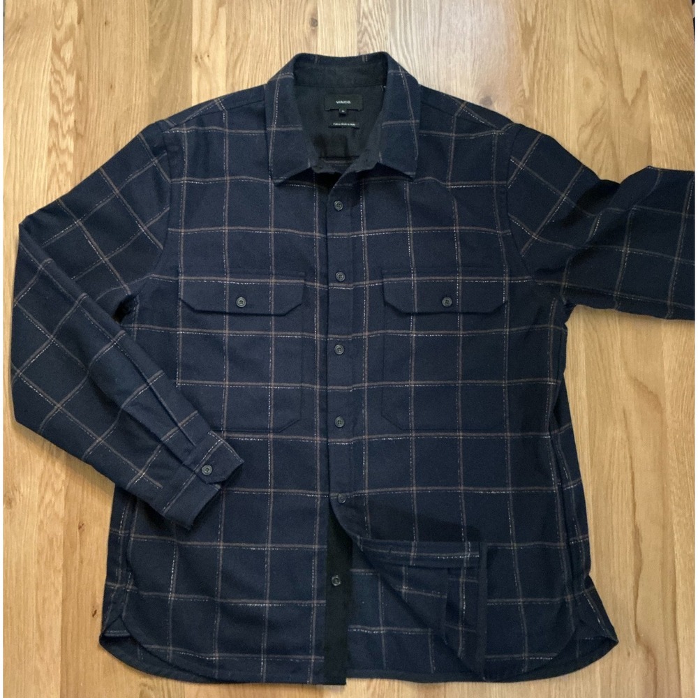 Vince Mens XL Windowpane Wool-Blend Shirt Jacket Shacket Navy Blue/Brown‎ Italy